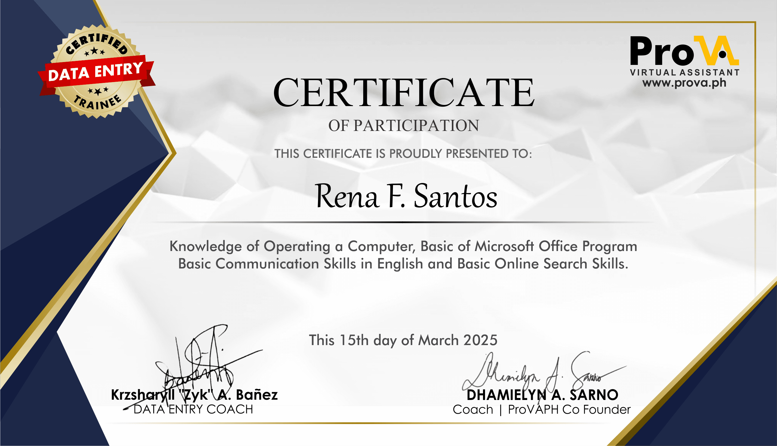 General Virtual Assistant • Certificate of Participation